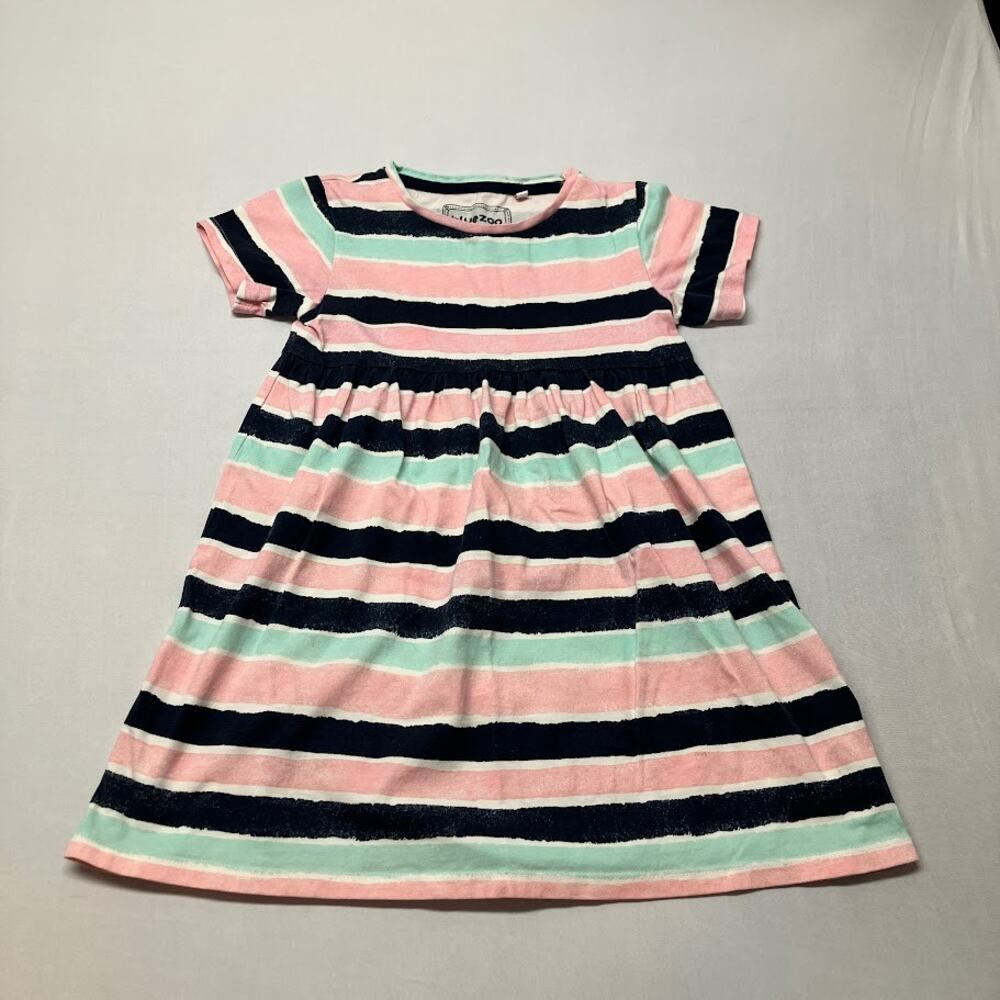 bluezoo Empire Waist Cotton Striped T-Shirt Dress Blue Pink Green Size 5-6